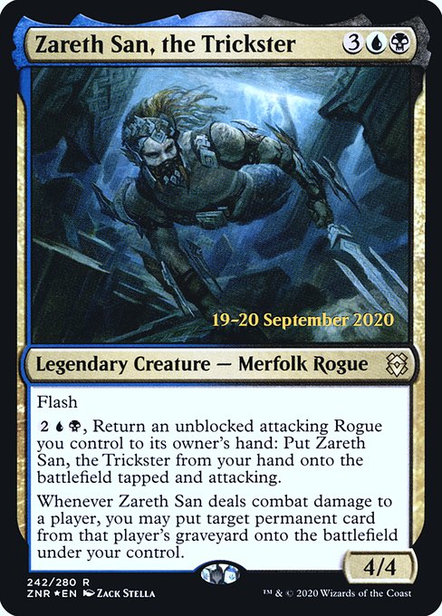 Zendikar Rising Promos - 242s - Zareth San, the Trickster - Rare - UB - Foil - Datestamped Promo (Front)
