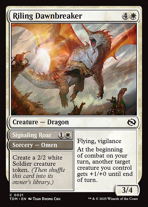 Tarkir: Dragonstorm - 21 - Riling Dawnbreaker // Signaling Roar - Common - W - Non-foil (Front)