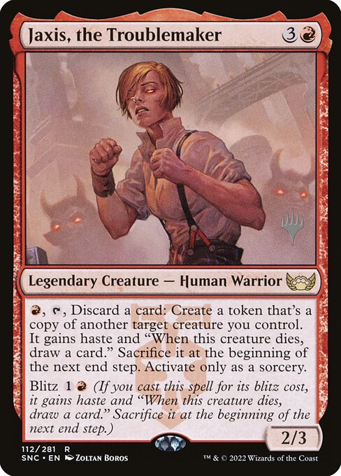 Streets of New Capenna Promos - 112p - Jaxis, the Troublemaker - Rare - R - Foil - Promo (Front)