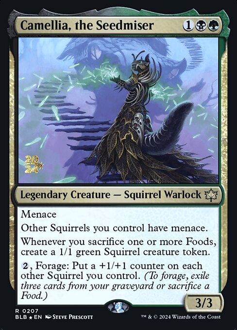 Bloomburrow Promos - 207s - Camellia, the Seedmiser - Rare - BG - Foil - Datestamped Promo (Front)