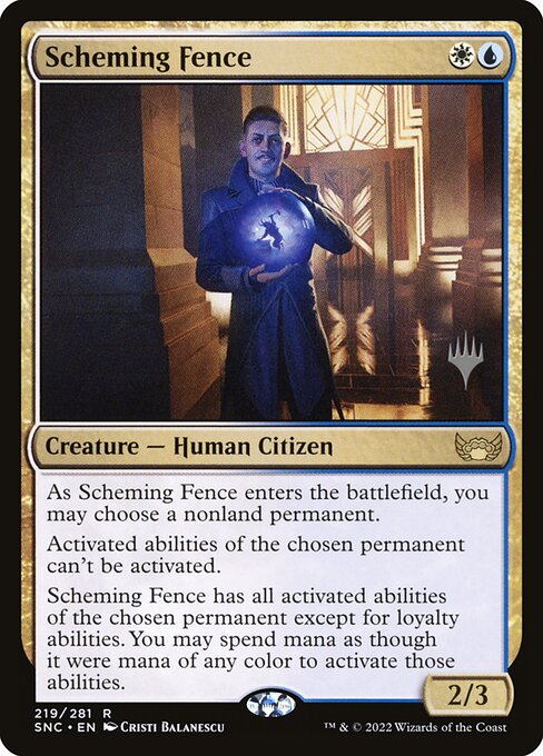 Streets of New Capenna Promos - 219p - Scheming Fence - Rare - WU - Foil - Promo (Front)